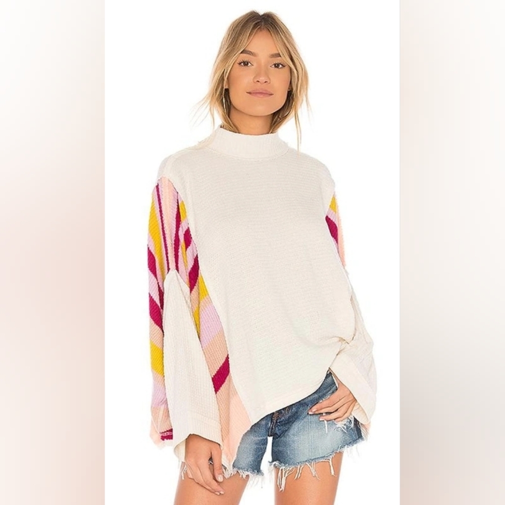Medium We The Free Susie Swit Pullover in cream with a striped inset - Picture 1 of 7
